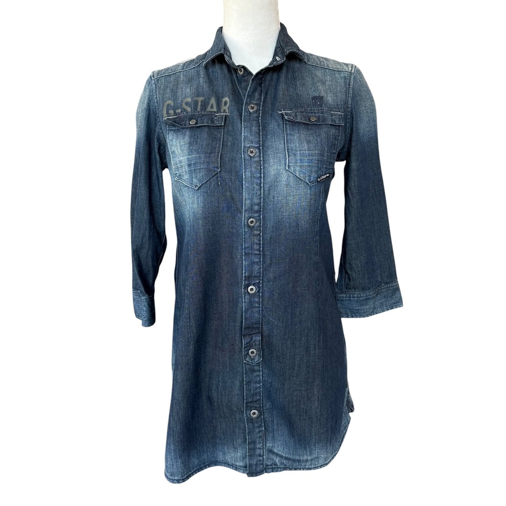 G-Star RAW Womens Denim‎ Shirt Dress Dark Wash 3/4 Sleeve Blue Size S